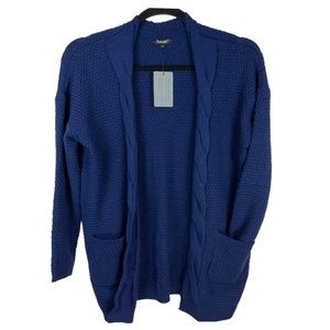 TRALEUBIE Boyfriend Cable Knit Shawl Front Cardigan Sweater Navy NWT Size Large